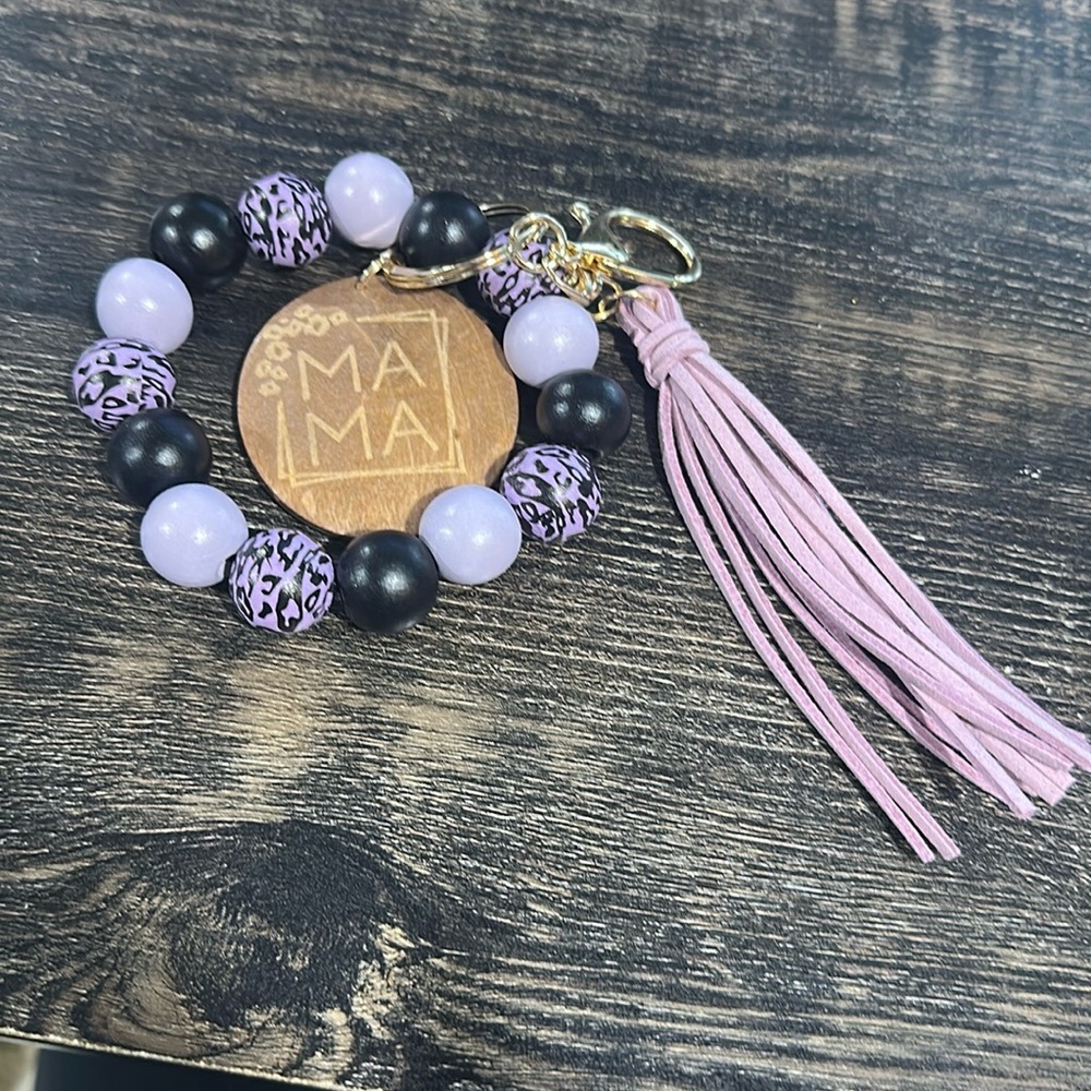 Mama Wooden Beaded Bracelet Keychain with Tassel & Thick Charm Purple Black